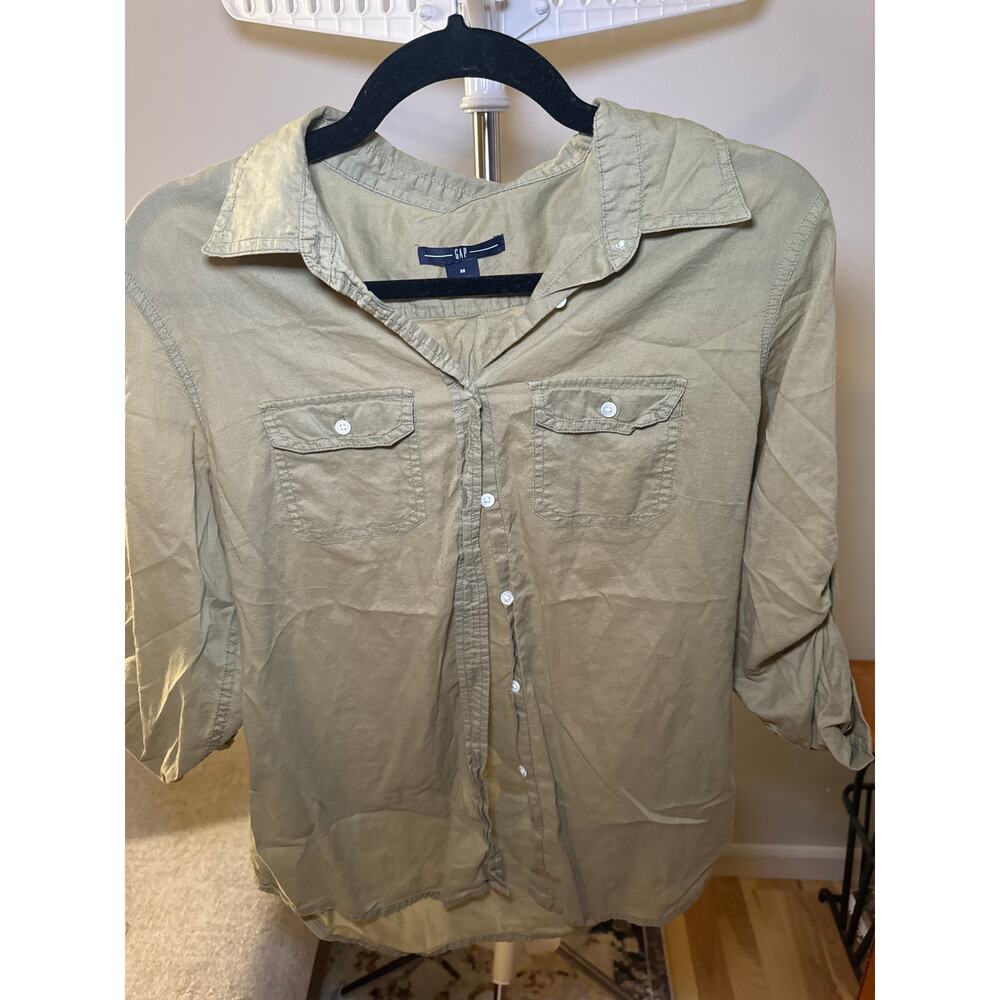 Gap Green Button Up Front Pockets Blouse Long Sleeve Collar Shirt Women's Size M